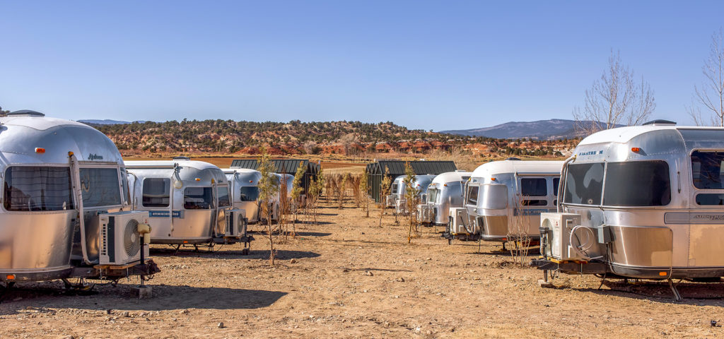 Custom-designed cabins and vintage renovated Airstream trailers line up at the resort