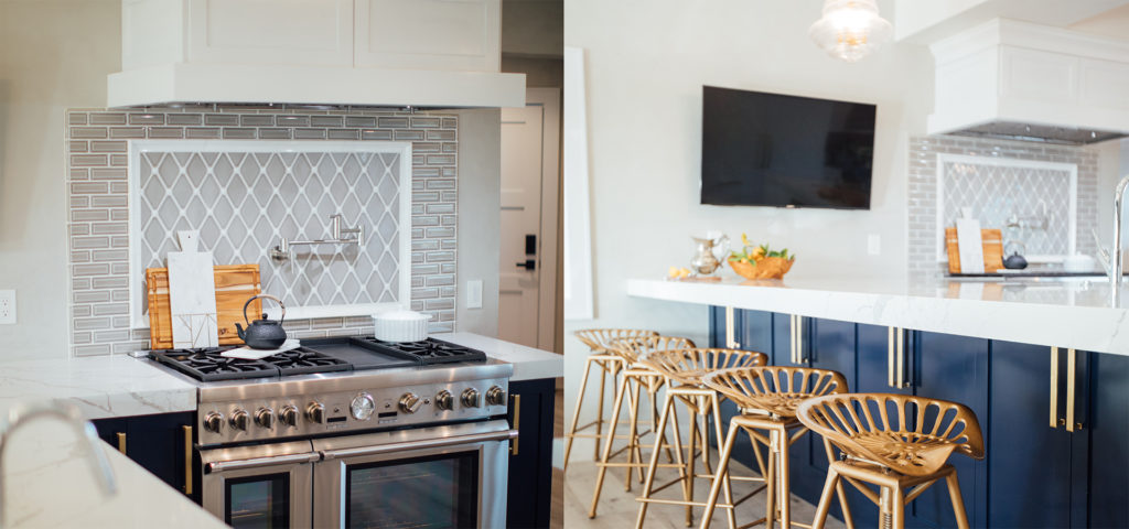 The backsplash in a unique diamond pattern and rich, navy cabintery and brass counter stools