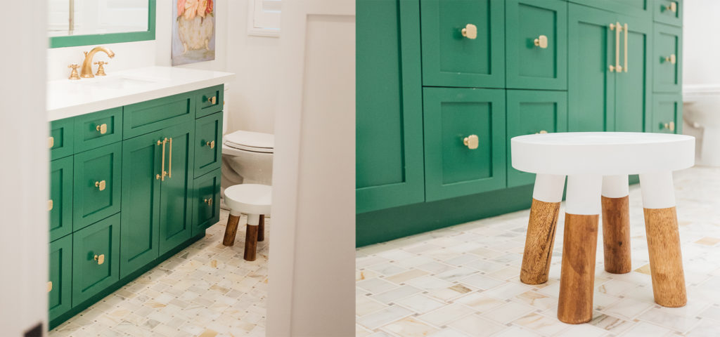 A pop of bright, clover green adds a playful touch to the bathroom.
