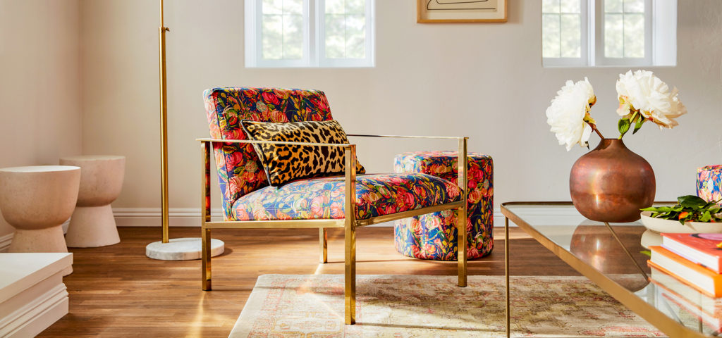 Joybird x Bari J. Midnight Fleur "Orla" accent chair and Midnight Fleur "Kavi" ottoman