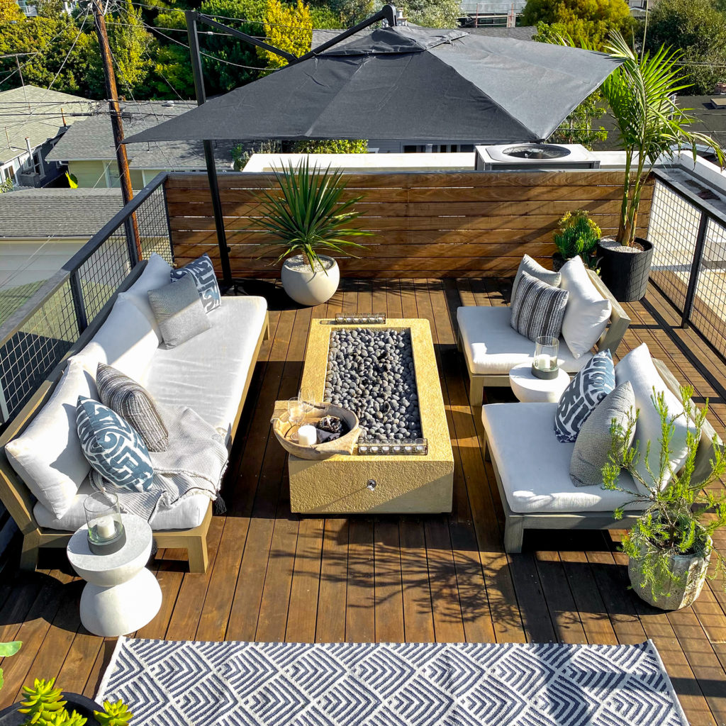 An aerial view of an outdoor oasis designed by Nancy Russert in Venice