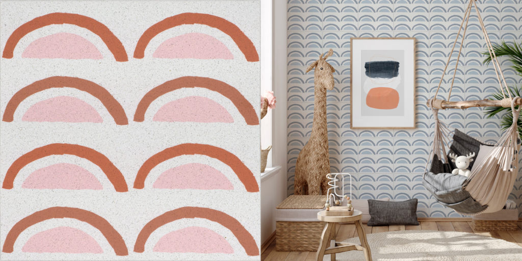 "Painted Sands" tile in Deco Sol Pink Dusk & Deco Sol Blue Horizon