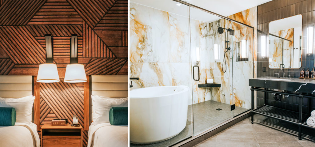 Side by side: wood-paneled-inspired wallpaper and a bathroom