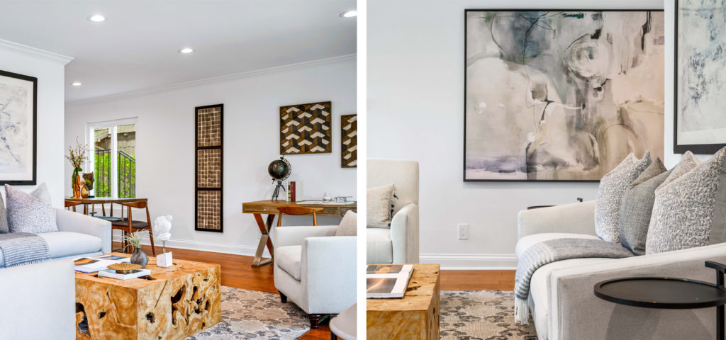 The crisp, white living room with neutral furnishings