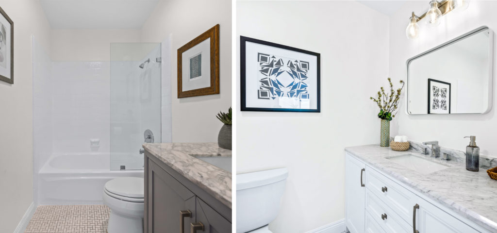 Bring a dull, lifeless space to present-day by swapping out dated vanities and light fixtures.