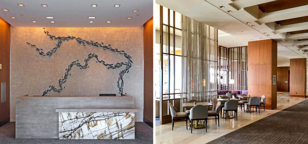 Side by side: the first floor lobby and reception area and the 8th floor lobby